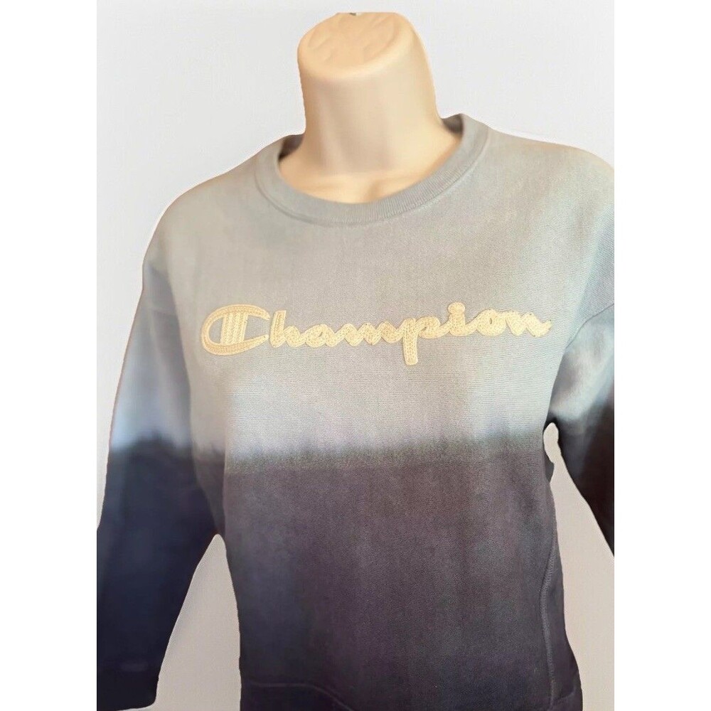 Champion Reverse Weave Cropped Tie Dye Spell Out Logo Sweatshirt Womens XS Blue - Picture 2 of 8